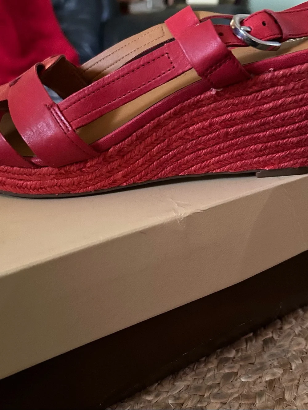 Franco Sarto Coral-Red Leather Espadrille Wedge Sandals- 3 in wedge